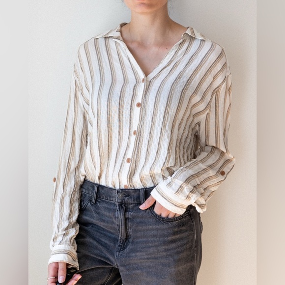 Jane and Delancey Cream and Brown Striped Button-Down Shirt - Picture 1 of 7